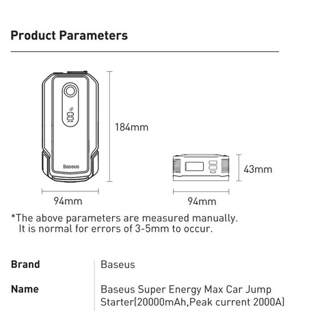 Kích nguồn ô tô 20.000mAh Baseus Super Energy Max Car Jump Starter