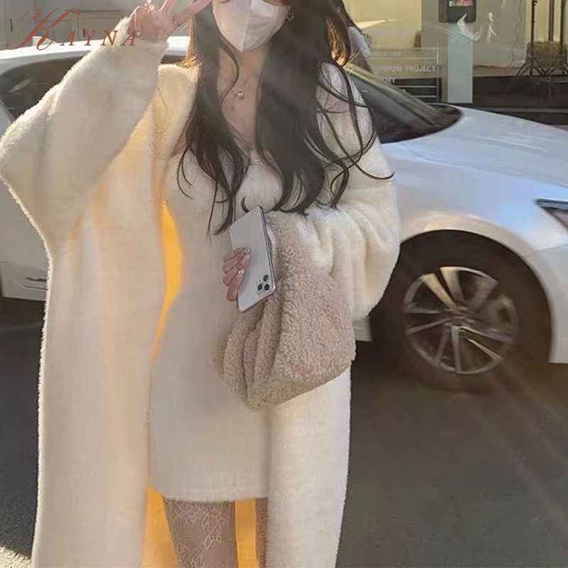 Kayna Áo Khoác cardigan Dệt Kim cotton Lông Cừu Giả Mềm Dáng Rộng Dài Qua Gối Màu Trắng Thời Trang 2022 Mới Cho Nữ