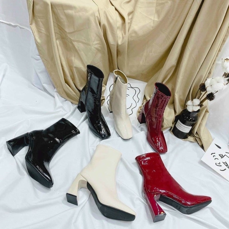 Giày bốt nữ cổ cao hở mũi chất da mềm boot nữ xỏ ngón đế vuông gót cao 7phân có khóa kéo sau hot 2021