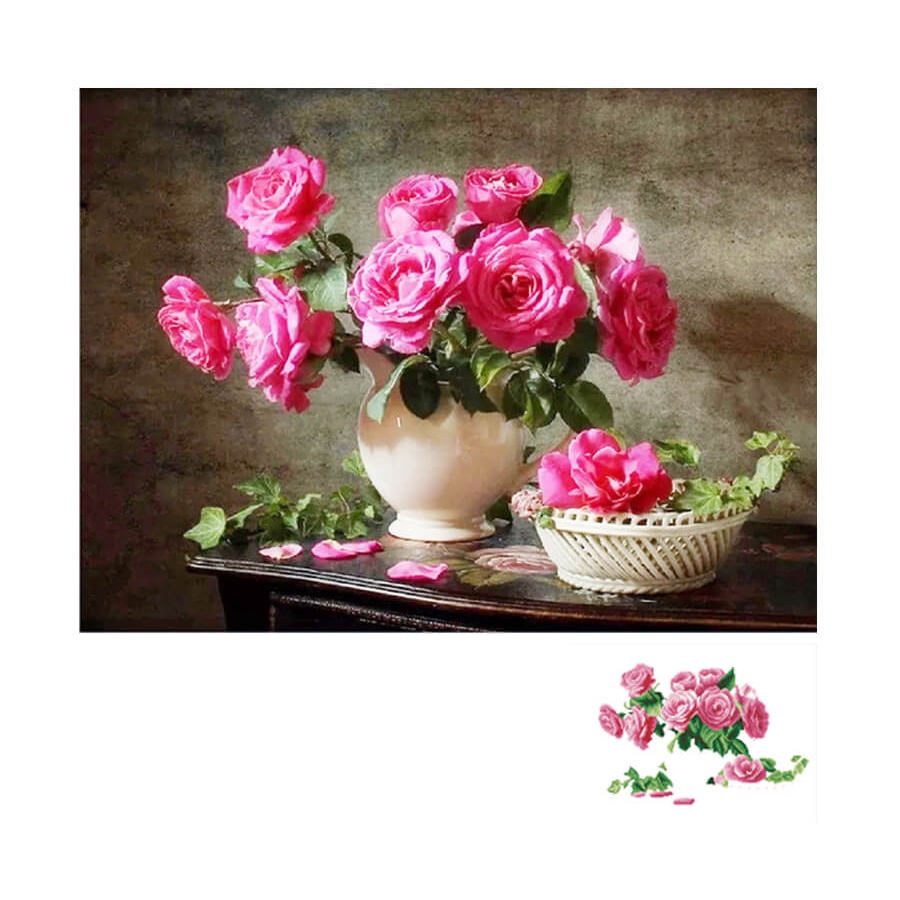Tranh Đính Đá BÌNH HOA KHOE SẮC (ĐÁ ABC CAO CẤP). Kích Thước: 60cm x 50cm