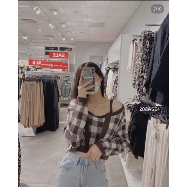 Set cadigan len kèm bra len 2 dây kẻ caro dáng croptop - 208AS4