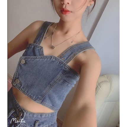 Set áo hai dây và quần jean dài ống rộng lưng cao thời trang cho nữ