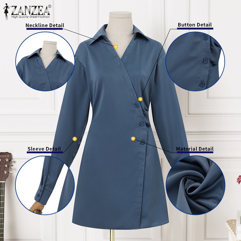 Đầm ZANZEA cho nữ dài tay cổ bẻ dáng dài rộng thời trang Hàn Quốc