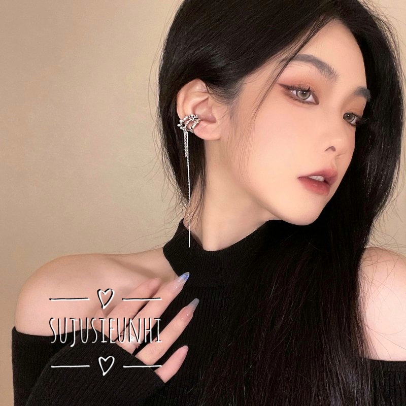 CÓ VIDEO (KHÔNG XỎ) Khuyên tai 3 lớp kẹp vành đính ngọc nhân tạo tua rua thả dài đeo 1 bên duyên dáng