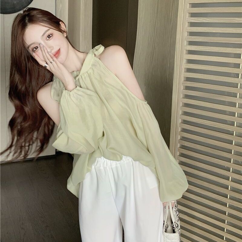 Áo Kiểu Vải Voan Mỏng Tay Dài Hở Vai Thời Trang Xinh Xắn Cho Nữ
