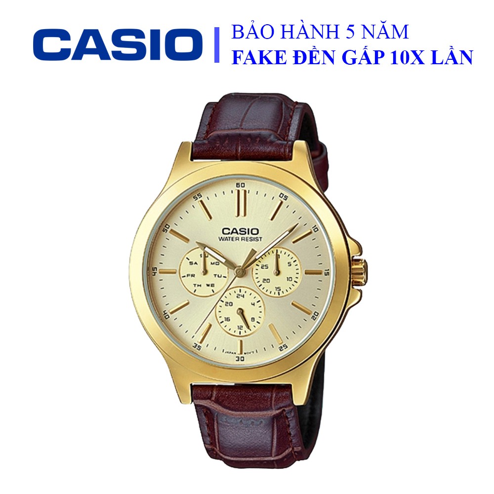 Đồng hồ Casio nam dây da thể thao, khung viền vàng sang trọng, chống nước WR30M đi bơi (MTP-V300GL-9AUDF)