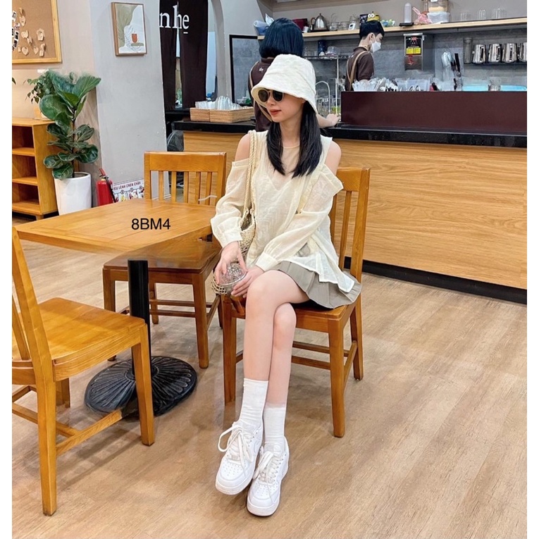 Áo sơ mi khoét vai dài tay, cổ tròn, cúc dọc 2 bên - 8BM4 - Cindy20 Closet