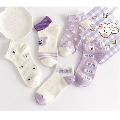 Vớ tất cổ trung hình gấu Bear màu tím trắng