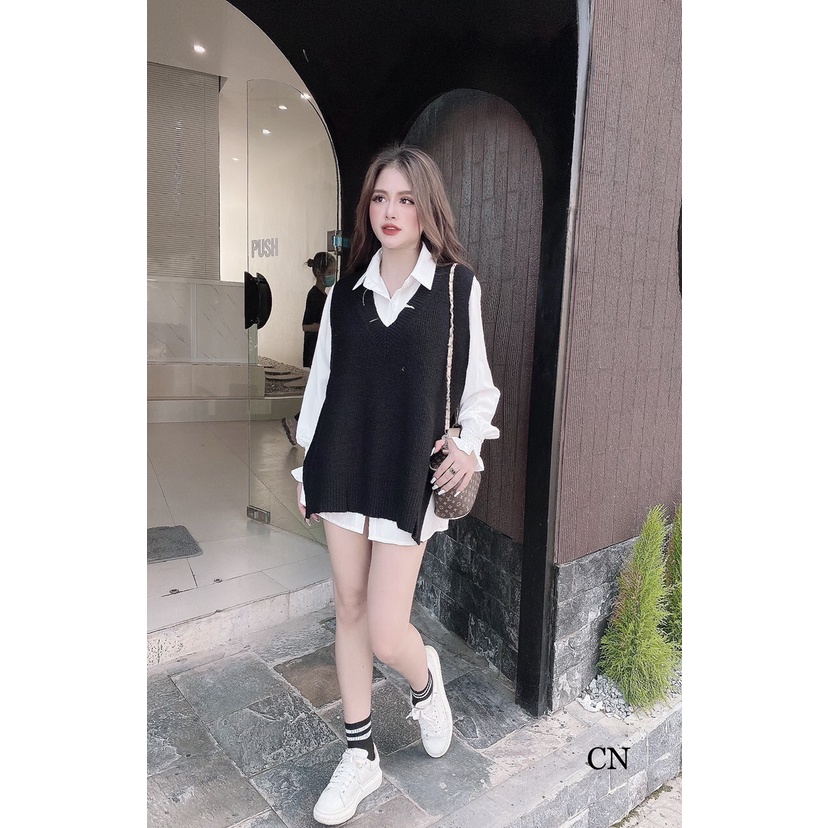 Set áo gile + áo sơ mi trắng tay dài