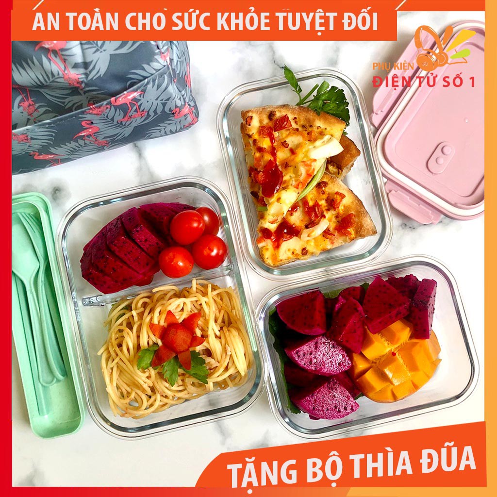 Bộ hộp cơm thuỷ tinh [ Tặng bộ đũa thìa + túi giữ nhiệt ] 1 hộp chia 2 ngăn và  1 hộp lớn 1 ngăn