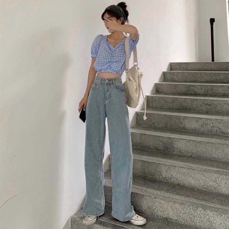 Quần jean denim ống rộng lưng cao xinh xắn cho nữ