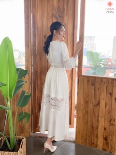 ĐẦM MAXI TRẮNG ĐAN NGỰC PHỐI REN (KÈM HÌNH THẬT)
