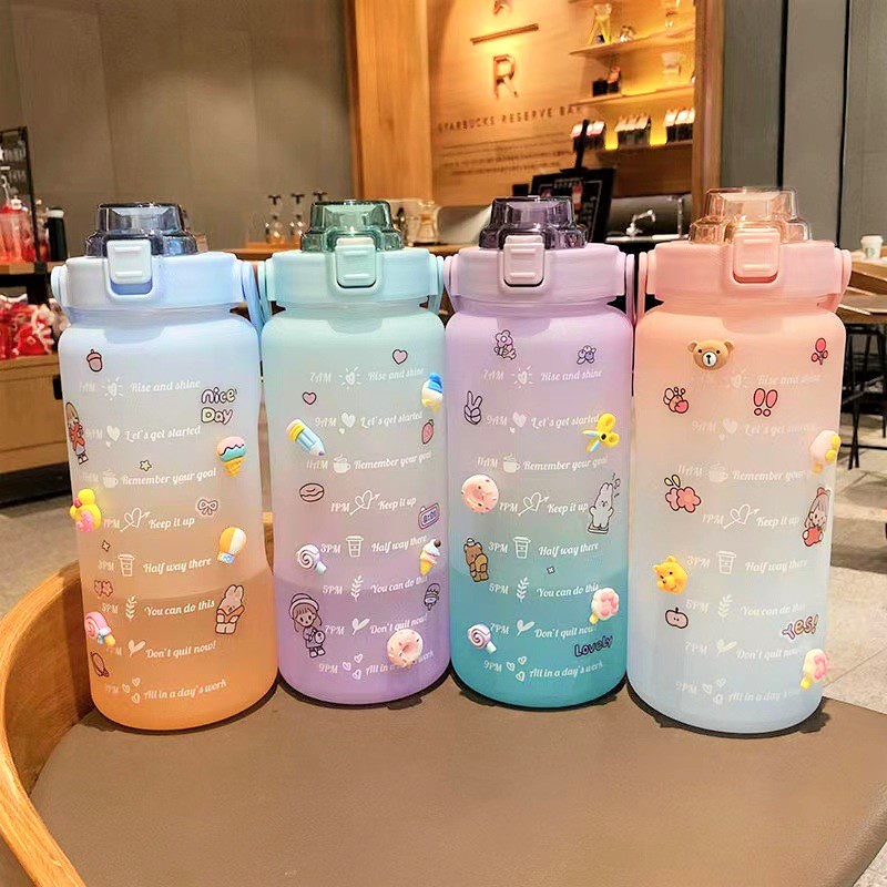 Bình Nước Dễ Thương Cute Có Vạch Báo Giờ Uống Nước, Bình Nước Tập Gym - Tặng 10 Stiker