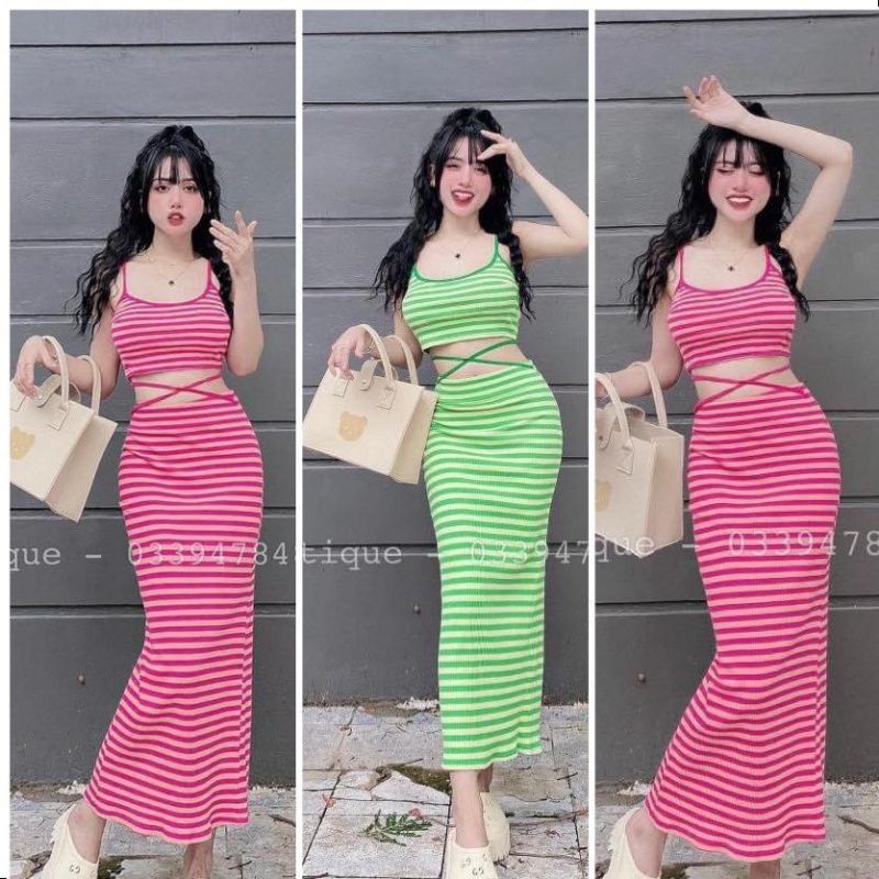 Set Kẻ Sọc Ngang Áo Croptop Hai Dây Và Chân Váy Bút Chì Dài Maxi Dây Đan Chéo Eo - Thun Gân - Ôm Body Sexy Sang Chảnh