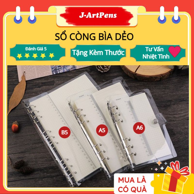 Binder Bìa còng Sổ còng Bìa DẺO Kèm Thước A6 A5 B5 6 9 Lỗ Làm Bullet Joural Planner Take Note Giấy Refill Kẻ Ngang Caro