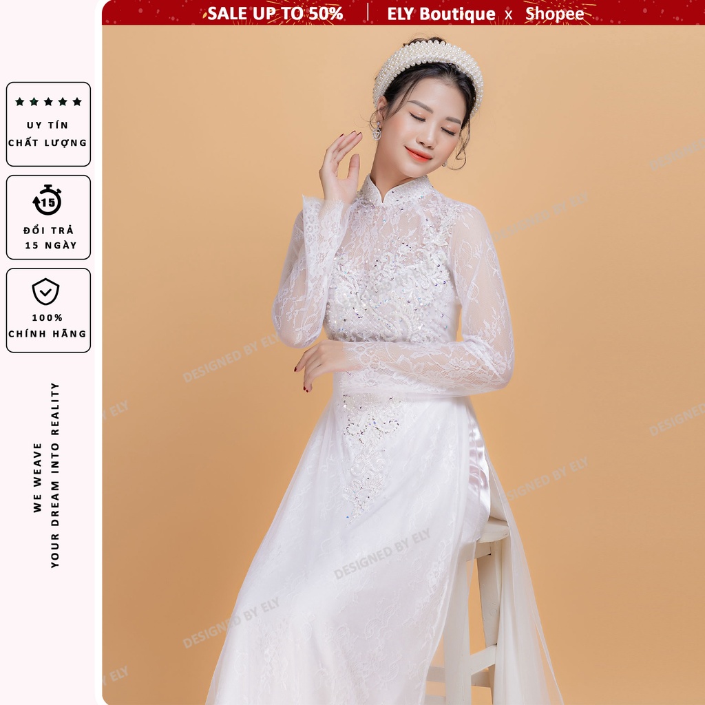 Áo dài cưới truyền thống ELY Boutique, áo dài trắng đính kết ren đẹp, 3 lớp 6 tà