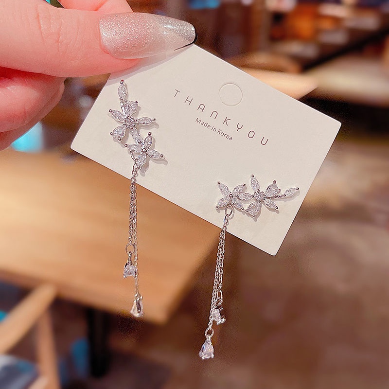 Bông Tai Mạ Bạc 925 Đính Đá Zircon Siêu Sáng Dáng Dài Phong Cách Hàn Quốc