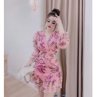 Đầm Nữ Voan Hoa Cổ Chữ V Phối Tay Dài Trẻ Trung Họa Tiết Chân Váy Xếp Tầng Nhún Thân Dạo Phố - Winchois