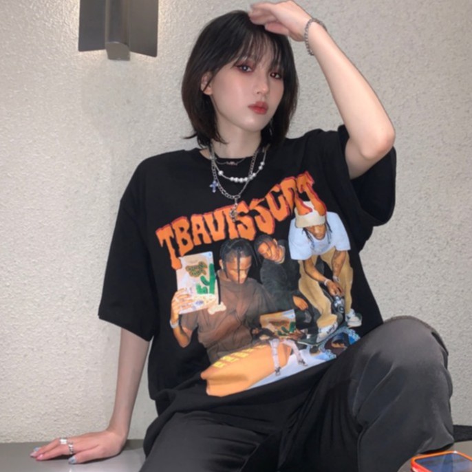 QADCOL Áo thun tay ngắn cá tính retro hiphop phong cách đường phố Mỹ