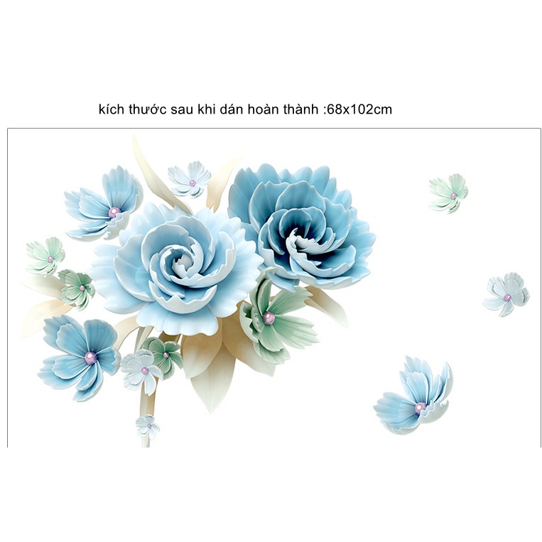 Decal giấy dán tường - mẫu Hoa mẫu đơn xanh bích sang trọng nhẹ nhàng ( 2 tấm )