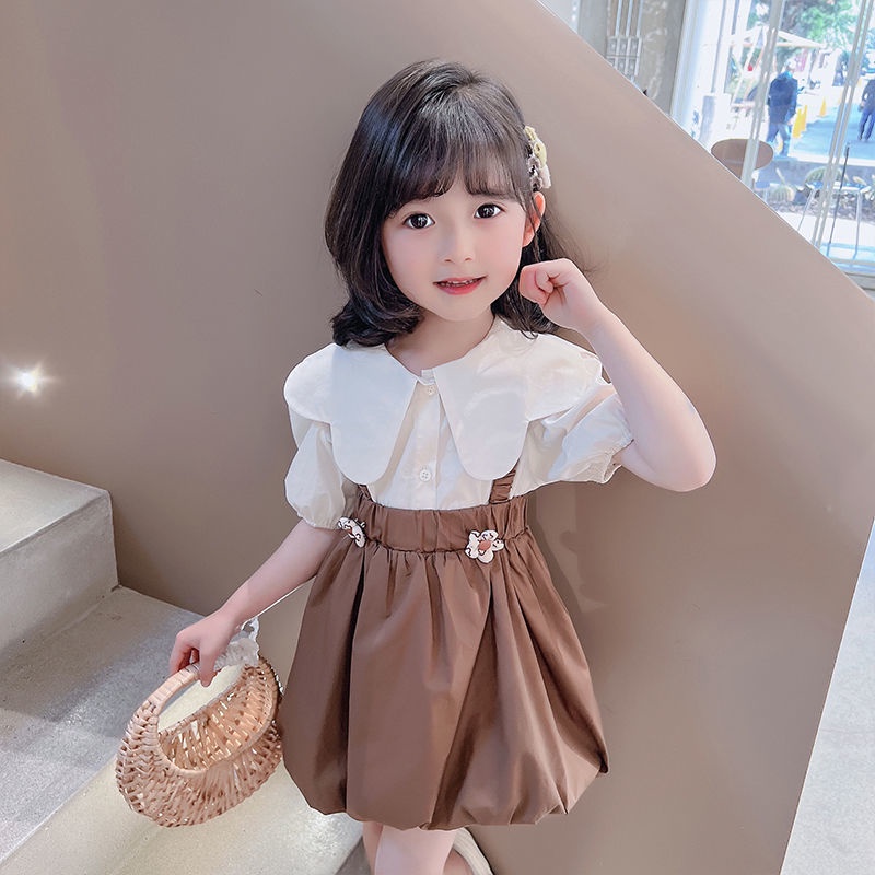 Set Áo Sơ Mi Trắng Ngắn Tay + Chân Váy Yếm Thời Trang Cho Bé Gái