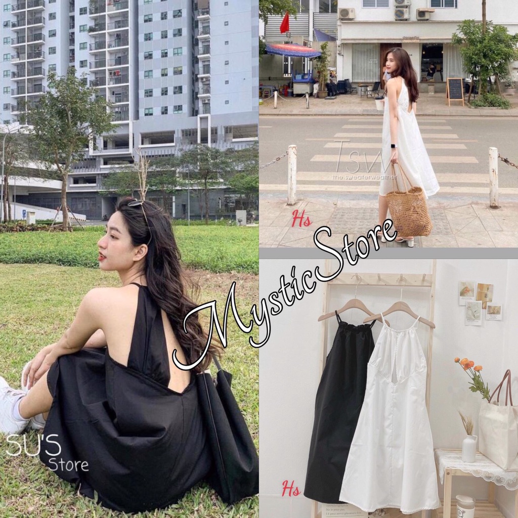 Đầm Yếm Nữ 3 Lỗ Khoét Lưng ,❤️MysticStore<FREESHIP>❤️, Váy Yếm Nữ Ngực Bèo Dáng Rộng, Đầm 2 Dây Babydoll 2 Màu TRẮNG ĐEN