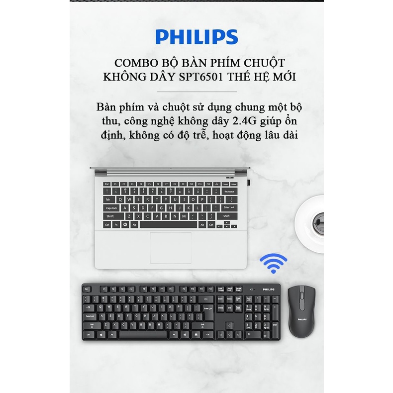 Combo bàn phím chuột không dây PHILIPS SPT6501 không phát âm thanh khi gõ chống thấm nước - Dùng PC, Laptop, Tivi