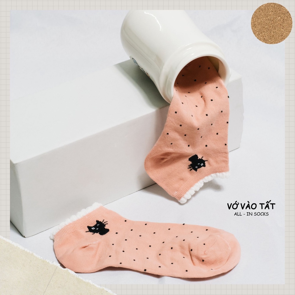 TẤT VỚ NỮ CỔ NGẮN HÌNH MÈO CHẤM BI NHÍ
