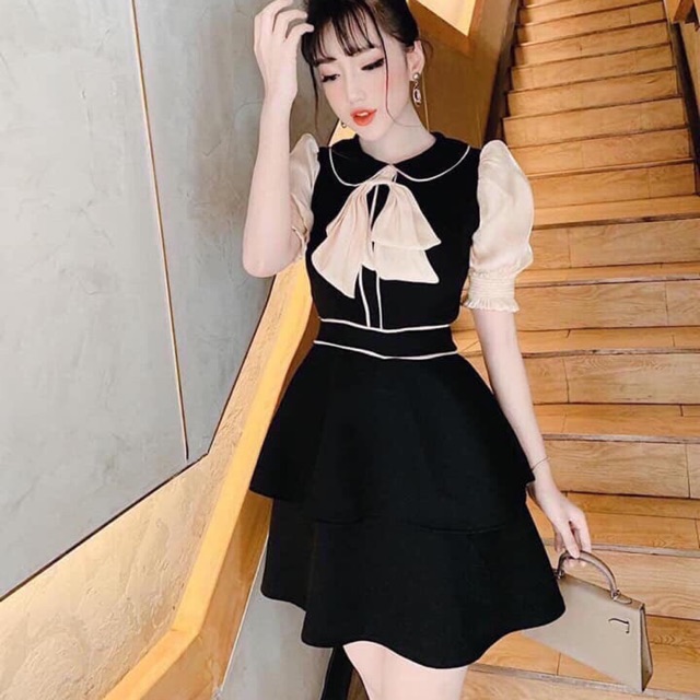 [ Mã FAMAYWA2 giảm 10K đơn 50K] Đầm tầng viền tay ngắn bo cổ bẻ cột nơ