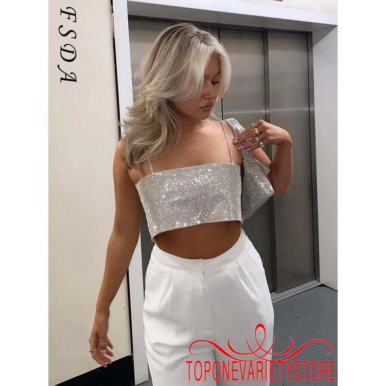 Áo Crop Top Đính Kim Sa Gợi Cảm Cho Nữ