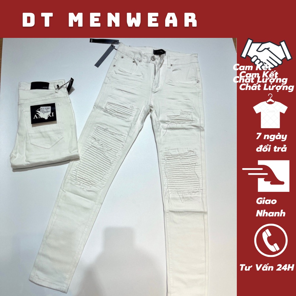 Quần Jeans Nam Trắng Phối Rách Gối - Quần Bò Trắng Nam Chất Liệu Vải Cốt Tông Thô DT Fashion Menwear
