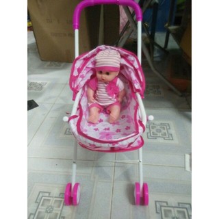 Đồ chơi xe đẩy búp bê màu hồng