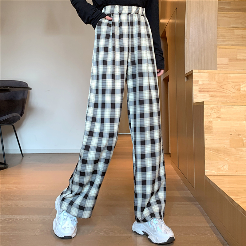 SUXI Quần Dài Lưng Cao Ống Rộng Họa Tiết Sọc Caro Cho Nữ