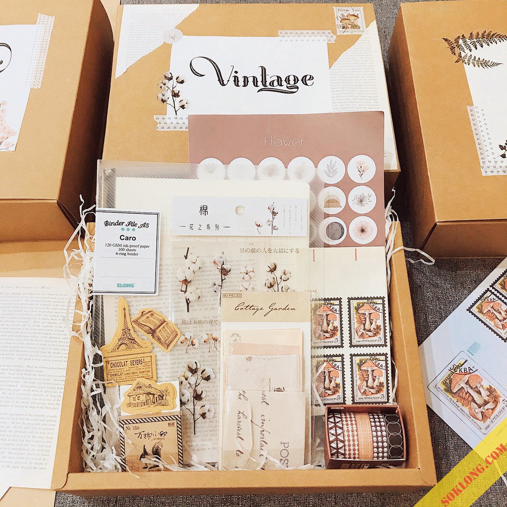 Set trang trí sổ còng Klong và phụ kiện Bullet Journal kèm washi tape, sticker, hộp kraft nhiều mẫu