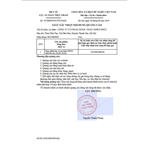 Đông trùng hạ thảo Thiên Phúc nấm tươi lọ 100gr