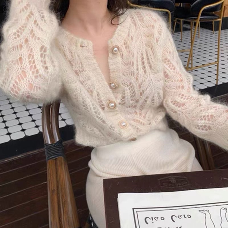 Áo khoác len màu trắng mẫu mới 2023, cardigan dệt kim mẫu mỏng có lỗ rộng rãi mẫu mùa xuân mohair kiểu Pháp