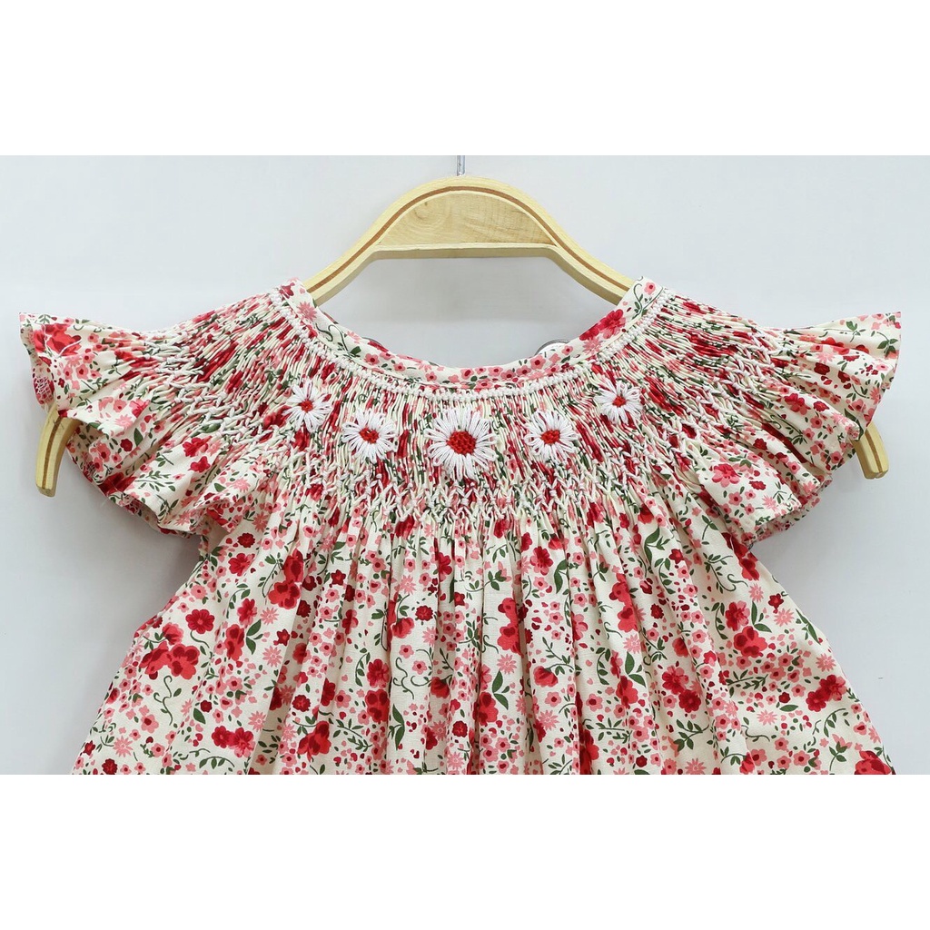 Váy Đầm Cho Bé Gái, Đầm Smock Thêu Tay Kiểu Cánh Tiên Họa Tiết Hoa Cúc Bánh Bèo Dễ Thương Size 1 Tuổi -10 Tuổi