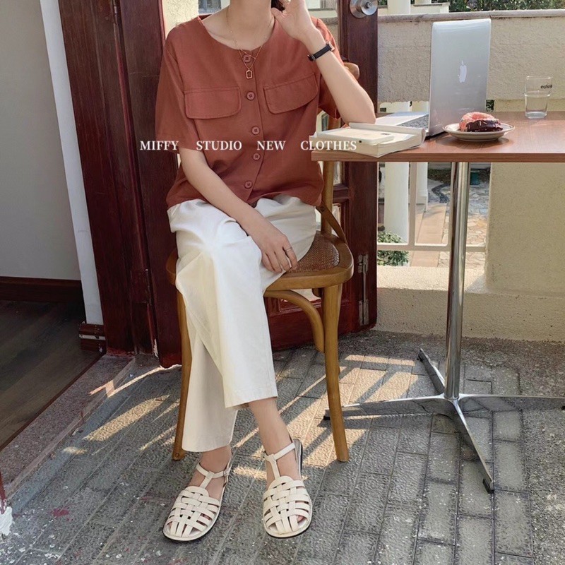 Áo kiểu linen nữ tay ngắn có túi
