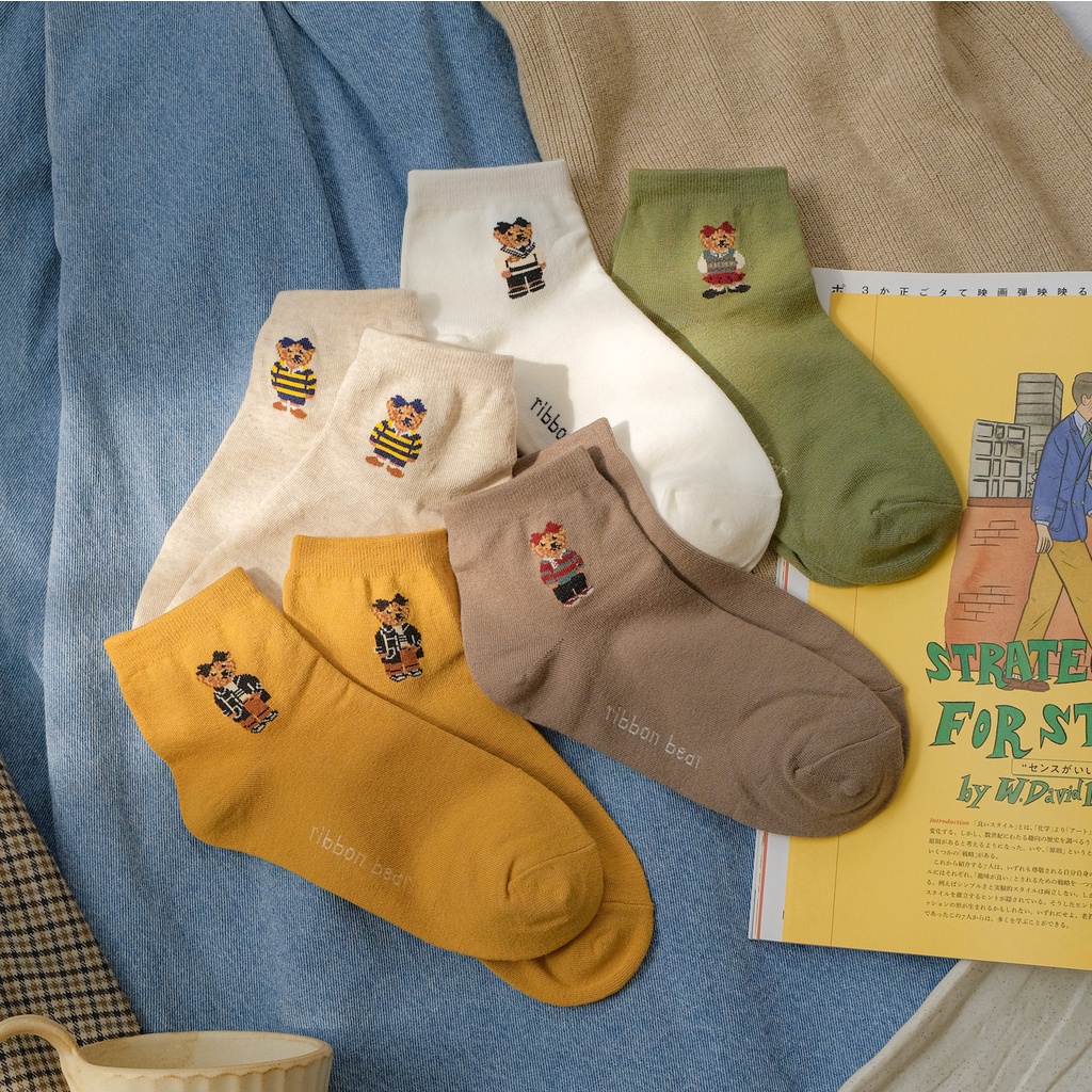 RIBBON BEAR - Tất vớ thấp cổ nữ hình bé gấu đeo nơ, nhập khẩu Hàn Quốc
