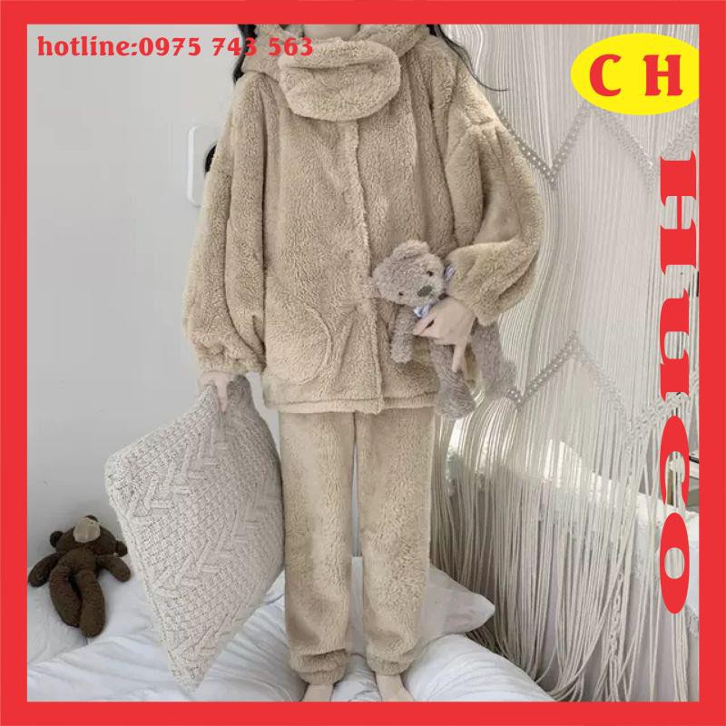ảnh thật : bộ gấu lông nâu có túi 2 bên - bộ lông trang phục thu đông nữ lót lông nhẹ mịn - bộ lông gấu nâu giá rẻ nhất