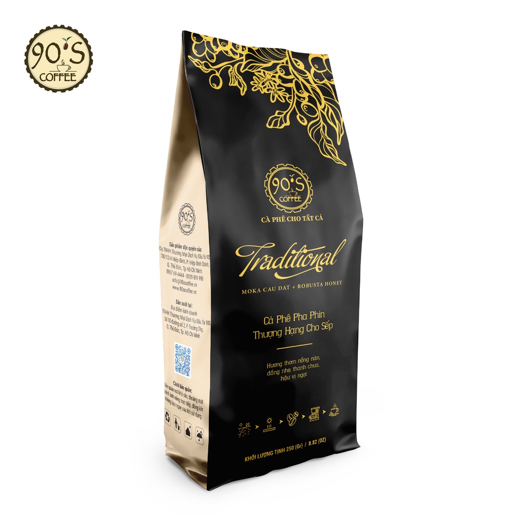 250Gr Cà Phê Traditional Phối Robusta Honey&Moka Chuyên Pha Phin Rang Mộc Nguyên Chất |100% Cà Phê Sạch| 90S Coffee VN