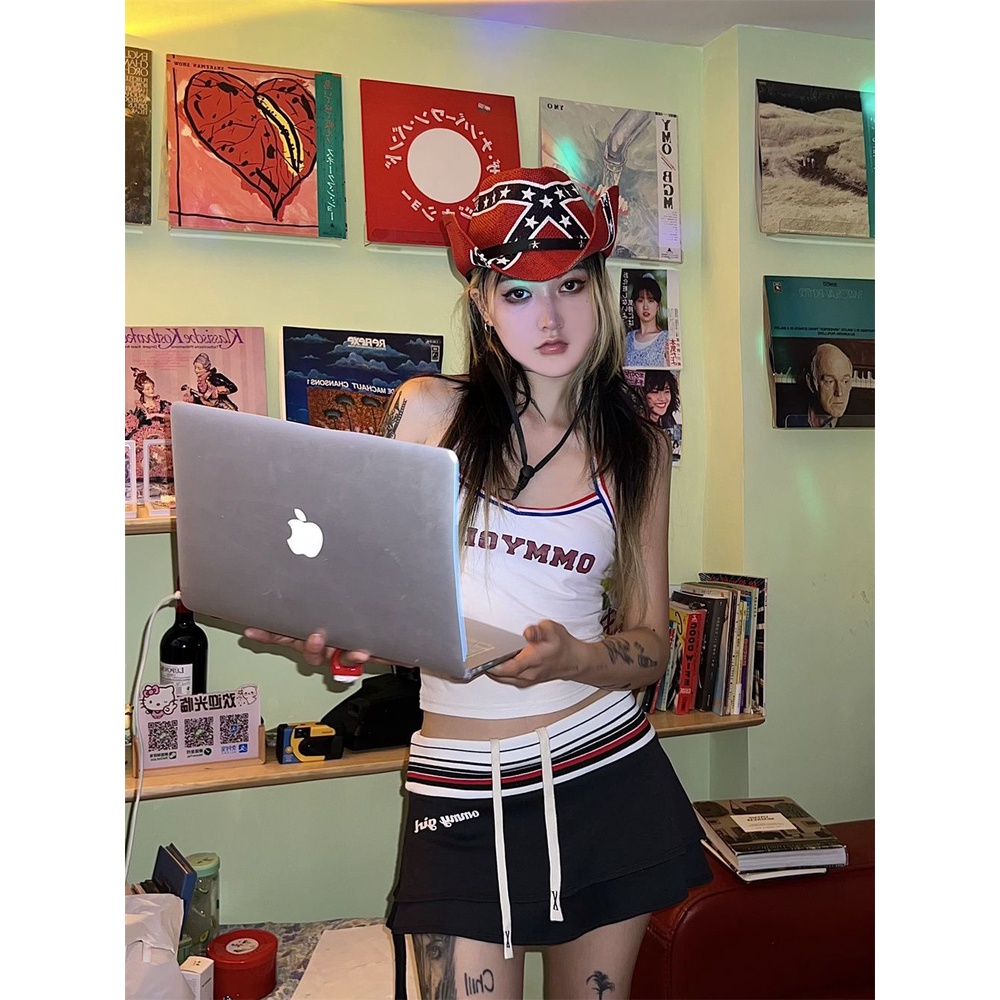 Bộ Áo Cổ Yếm Thấp + Chân Váy y2k Miniskirt Châu Á Dễ Thương Cho Bé Gái