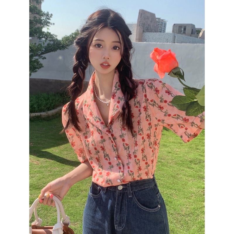 Áo Sơ Mi Tay Ngắn Họa Tiết Hoa Phong Cách retro Thời Trang Hàn Quốc Cho Nữ