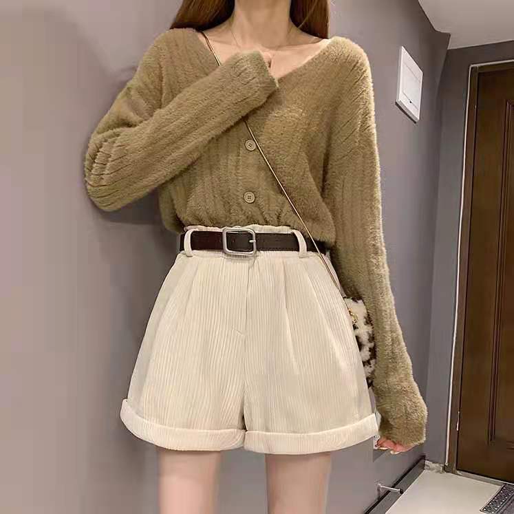 Quần Ngắn Nhung Eo Cao Ống Rộng Thời Trang Thu Đông Cho Nữ