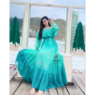 HOANGYEN - Đầm Coco dress voan tơ xanh ngọc tay bồng dài bẹt vai