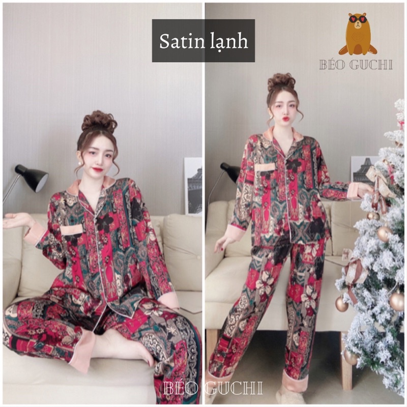 Dài tay 50-110kg K3DTM Béo Guchi Bigsize Pijama Lụa Mango &amp; Satin lạnh - Đồ bộ nữ xinh