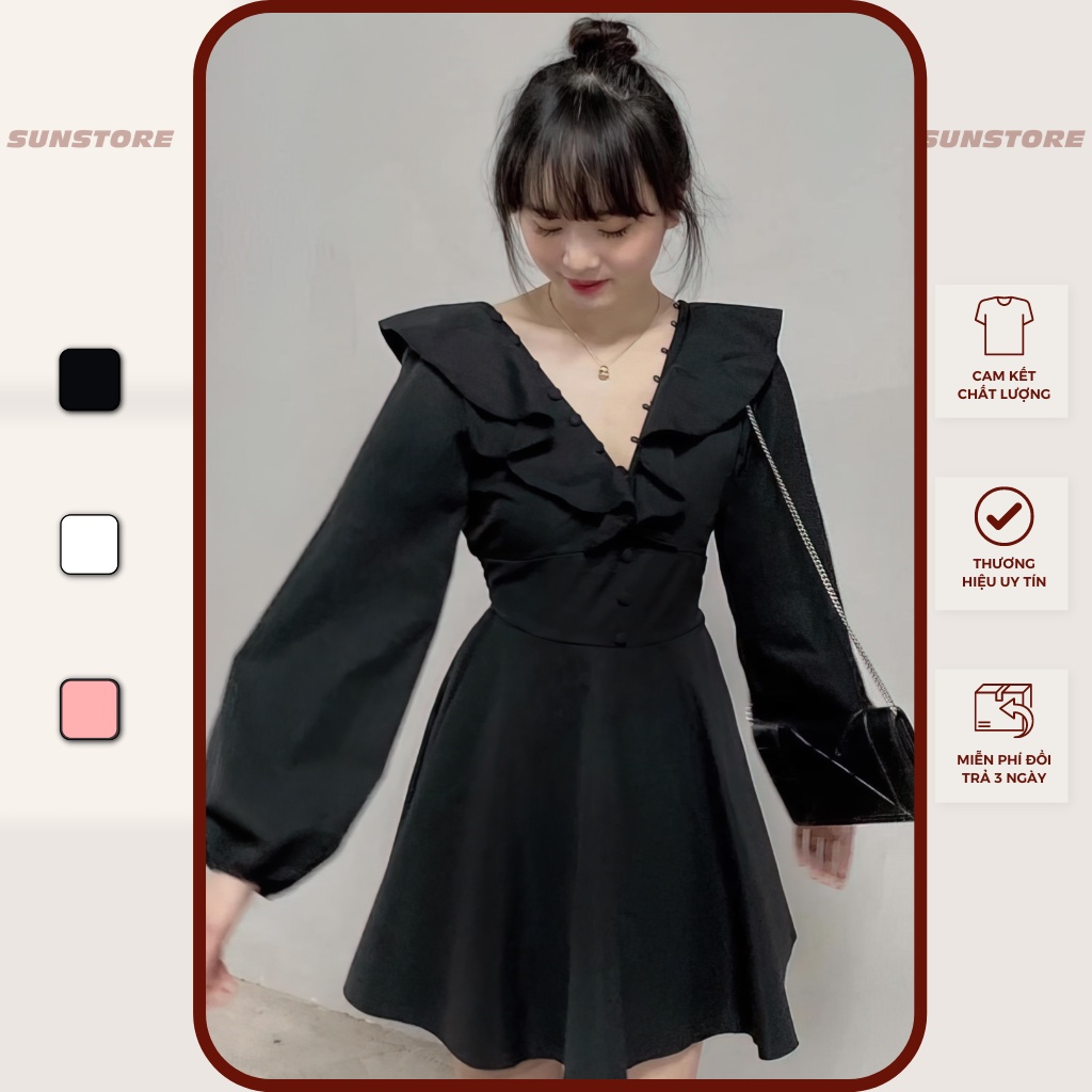 Đầm xoè nữ tay dài cổ V cài nút bọc bo chun váy mini dáng xoè 3 màu