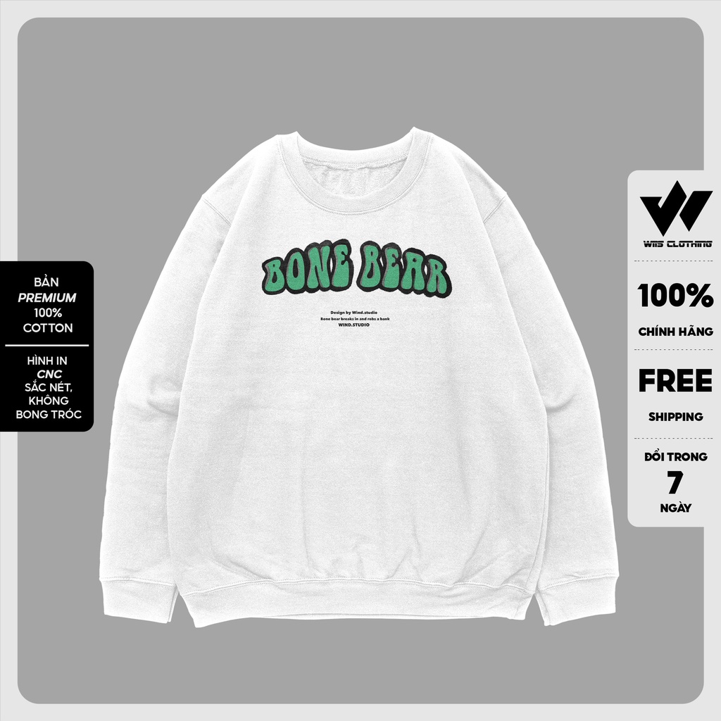 Áo sweater form rộng WIIS unisex Bone Bear oversize tay dài thời trang nam nữ ulzzang
