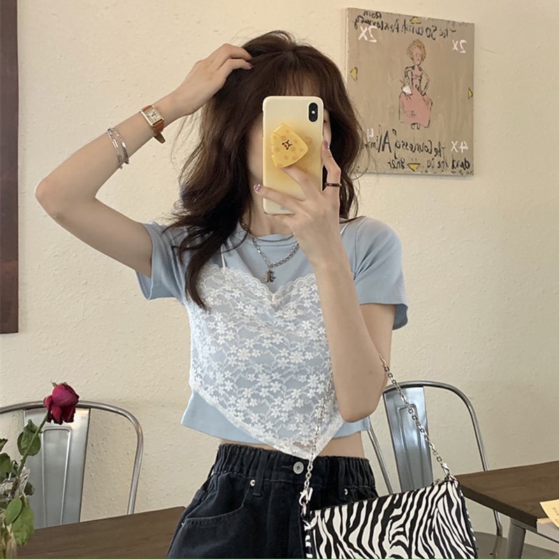 Áo thun IELGY tay ngắn cổ tròn phối lớp ngoài phong cách độc đáo dành cho nữ