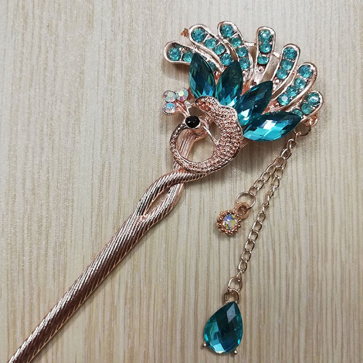 Trâm cài tóc đính hạt họa tiết chim công tua rua vintage